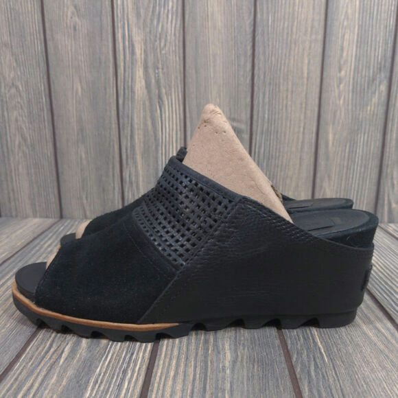 Sorel Womens Leather Suede Black Wedge Slip On Peep Toe Sandals Sz 9 - Picture 4 of 11